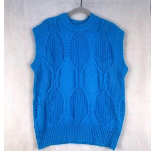 FRENCH PARIS Women Blue Cable Knit Sweater Vest Sleeveless Crew Neck Small